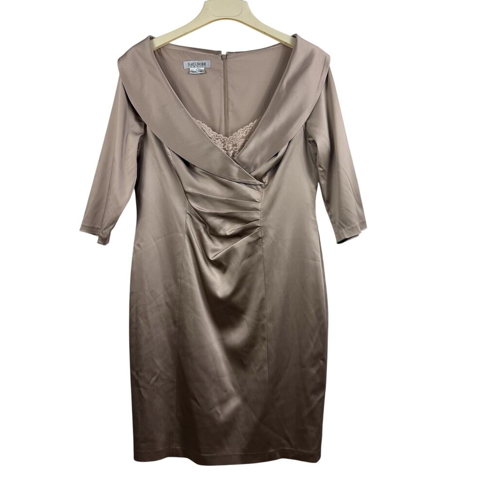 KAY UNGER Champagne Satin Portrait Collar 3/4 Sleeve Ruched Cocktail Dress SZ 16